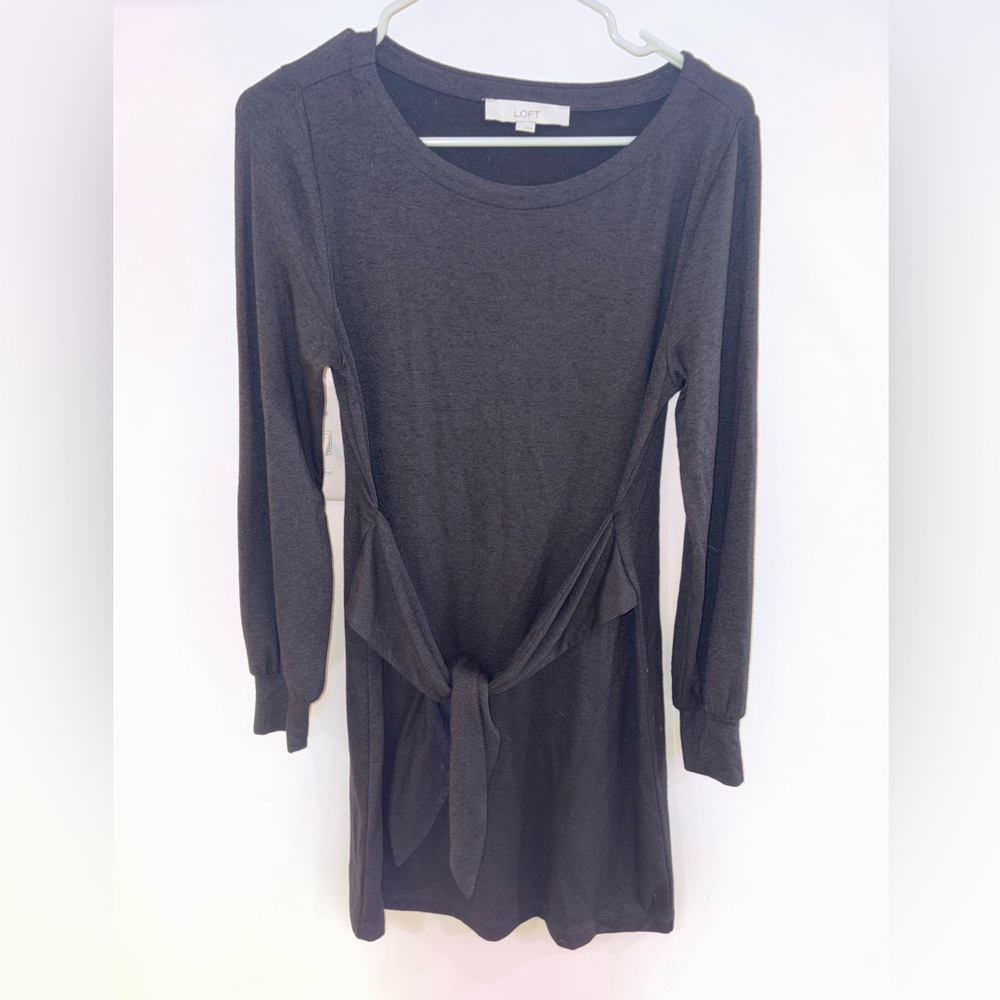 LOFT Black Long-Sleeve Tie-Waist Dress